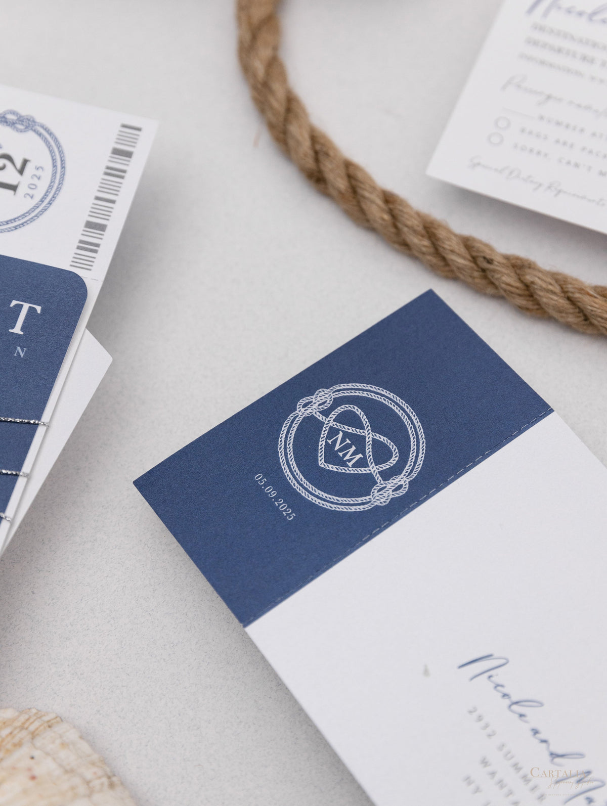 Nautical Wedding Passport Invitations with Silver Boat Tag & Anchor Foil