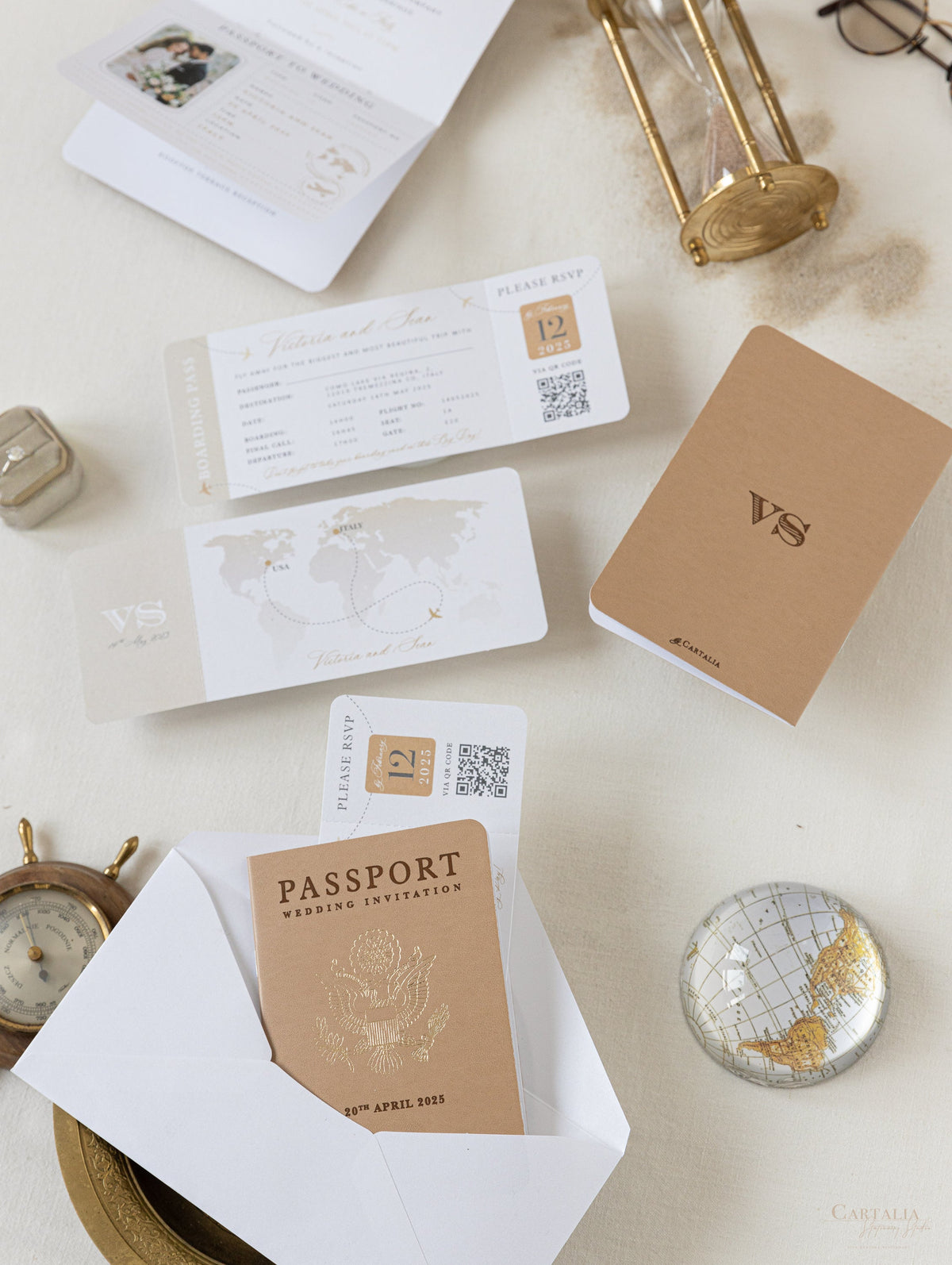 Premium Nude Leather Passport Invitations with Gold Foil & Personal Engraving