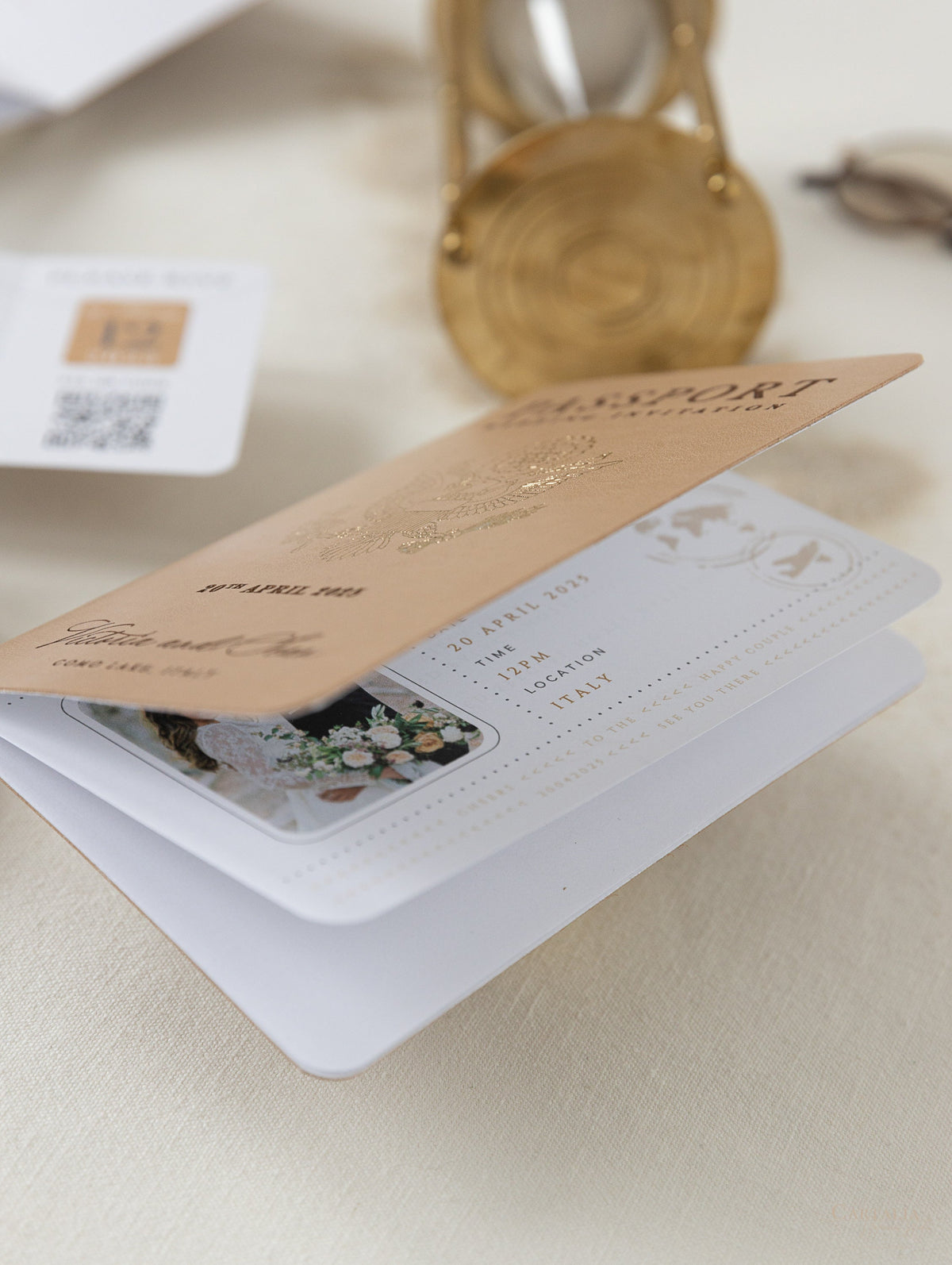 Premium Nude Leather Passport Invitations with Gold Foil & Personal Engraving