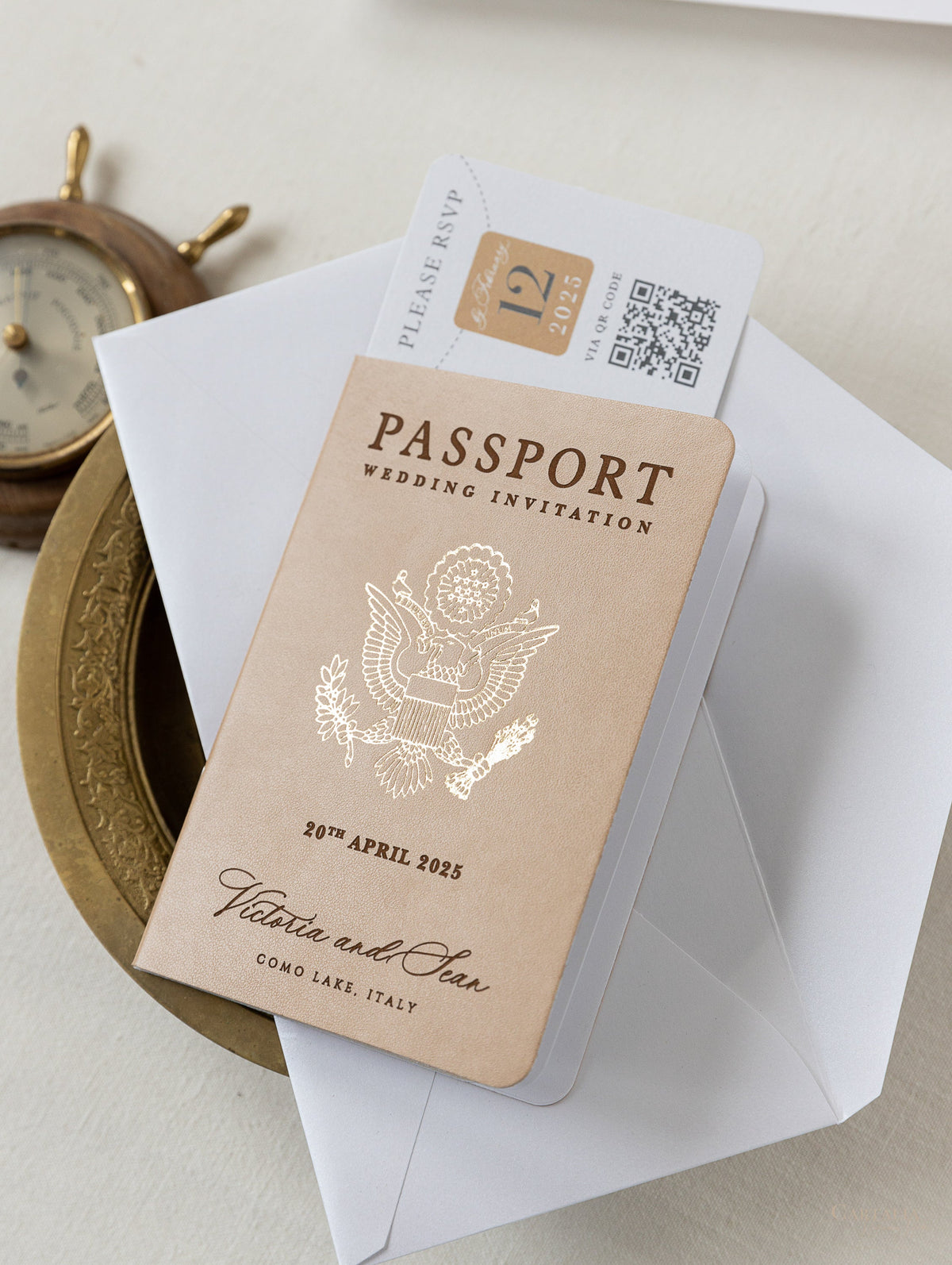 Premium Nude Leather Passport Invitations with Gold Foil & Personal Engraving