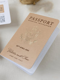 Invitations de passeport en cuir nu de première qualité avec feuille d'or et gravure personnelle