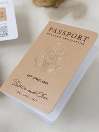 Premium Nude Leather Passport Invitations with Gold Foil & Personal Engraving