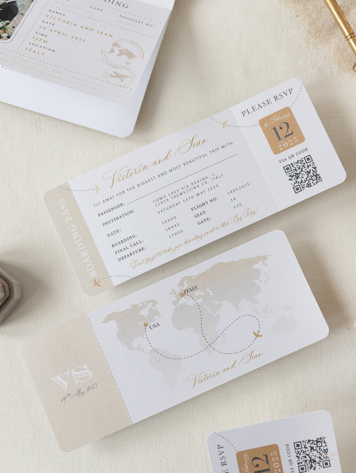 Premium Nude Leather Passport Invitations with Gold Foil & Personal Engraving