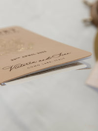 Premium Nude Leather Passport Invitations with Gold Foil & Personal Engraving