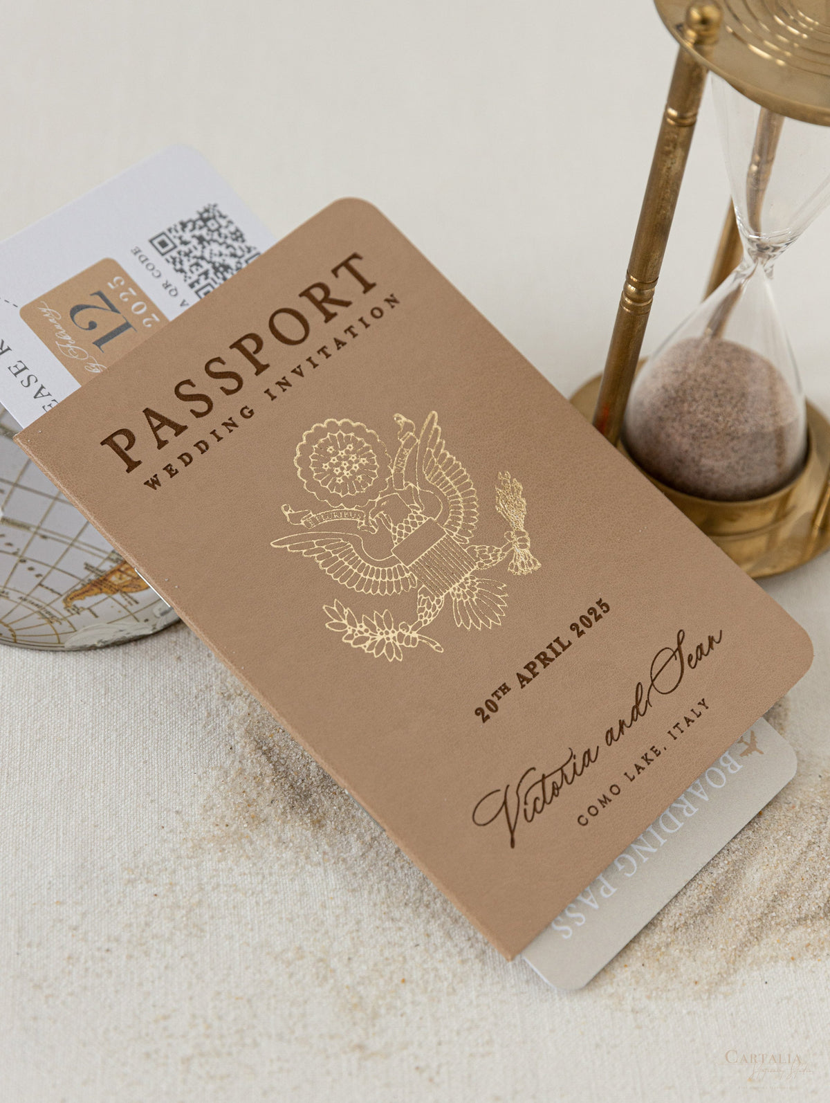 Premium Nude Leather Passport Invitations with Gold Foil & Personal Engraving