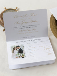 Premium Nude Leather Passport Invitations with Gold Foil & Personal Engraving