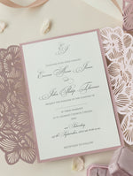 Intricate Orchid with Satin Ribbon Laser Cut Gatefold Wedding Invitation