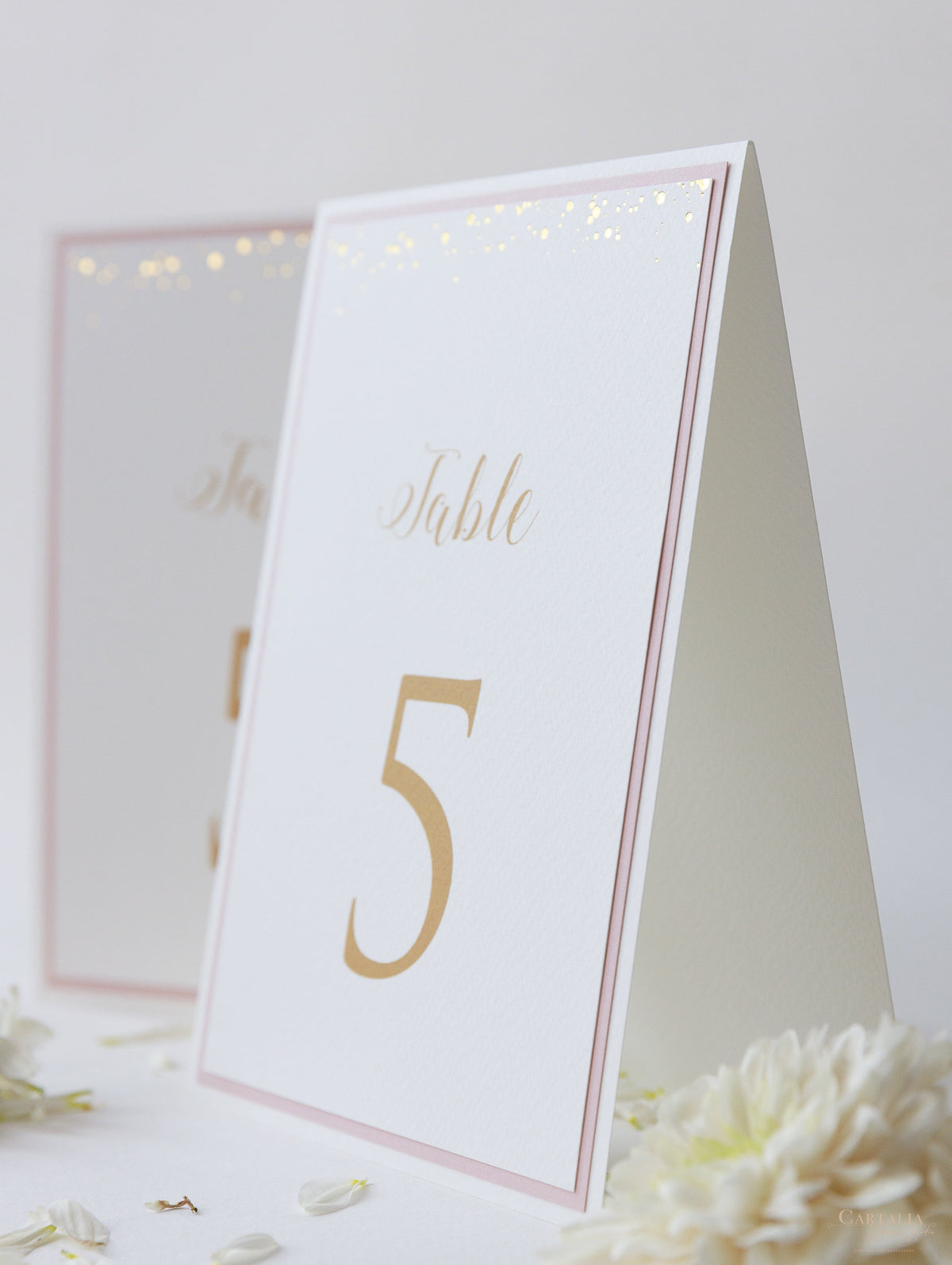 Tarjetas de números de mesa con puntos de confeti