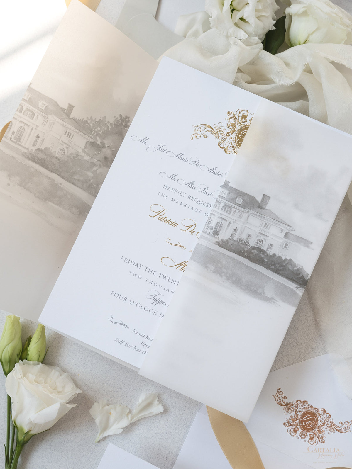 Watercolour Your Venue invitation on Vellum with Wax Seal Wedding invitation Suite | SAMPLE