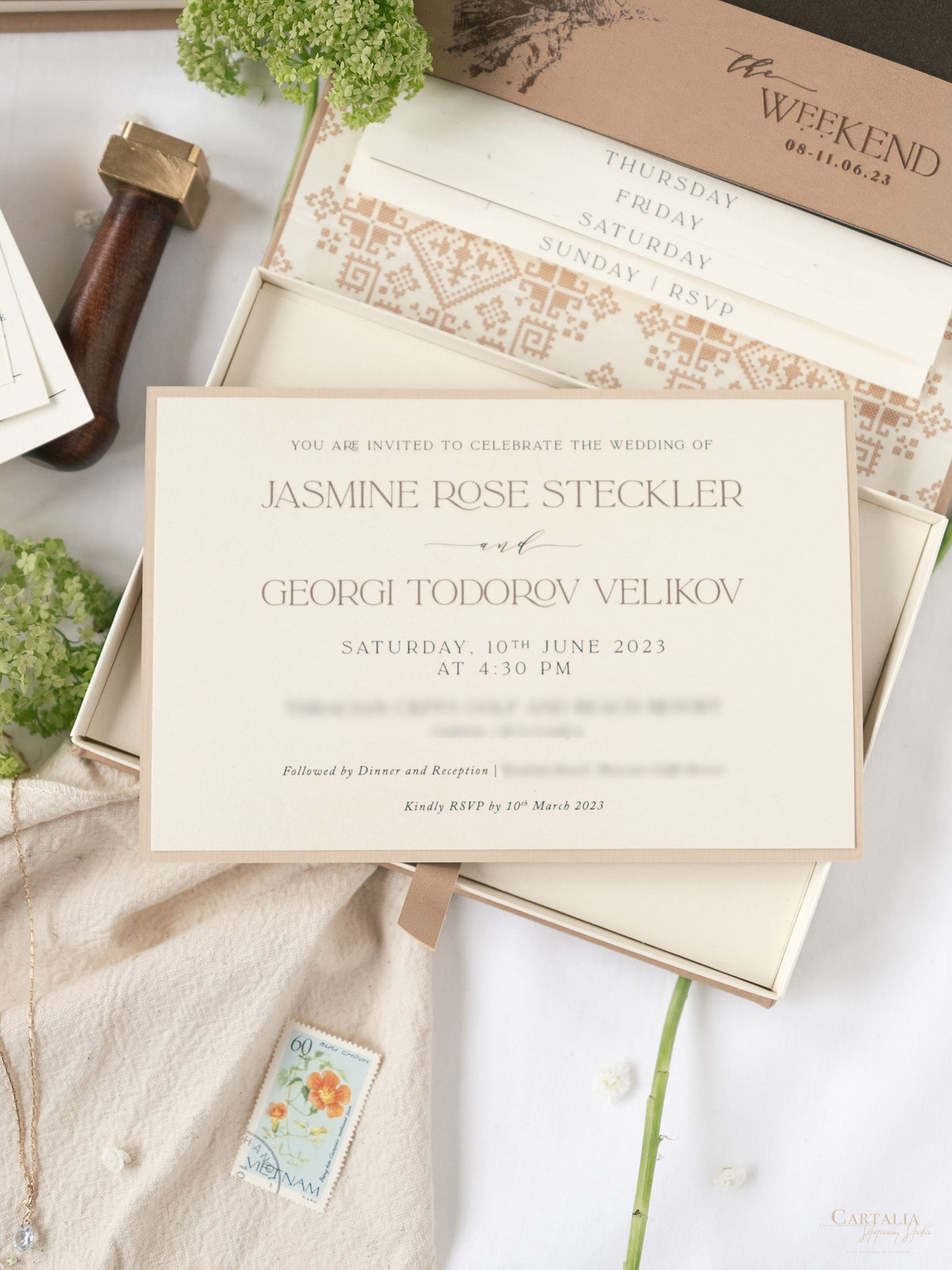 Premium Vegan Leather Hard Book Boxed Invitation Suite | Bespoke Commission J&G