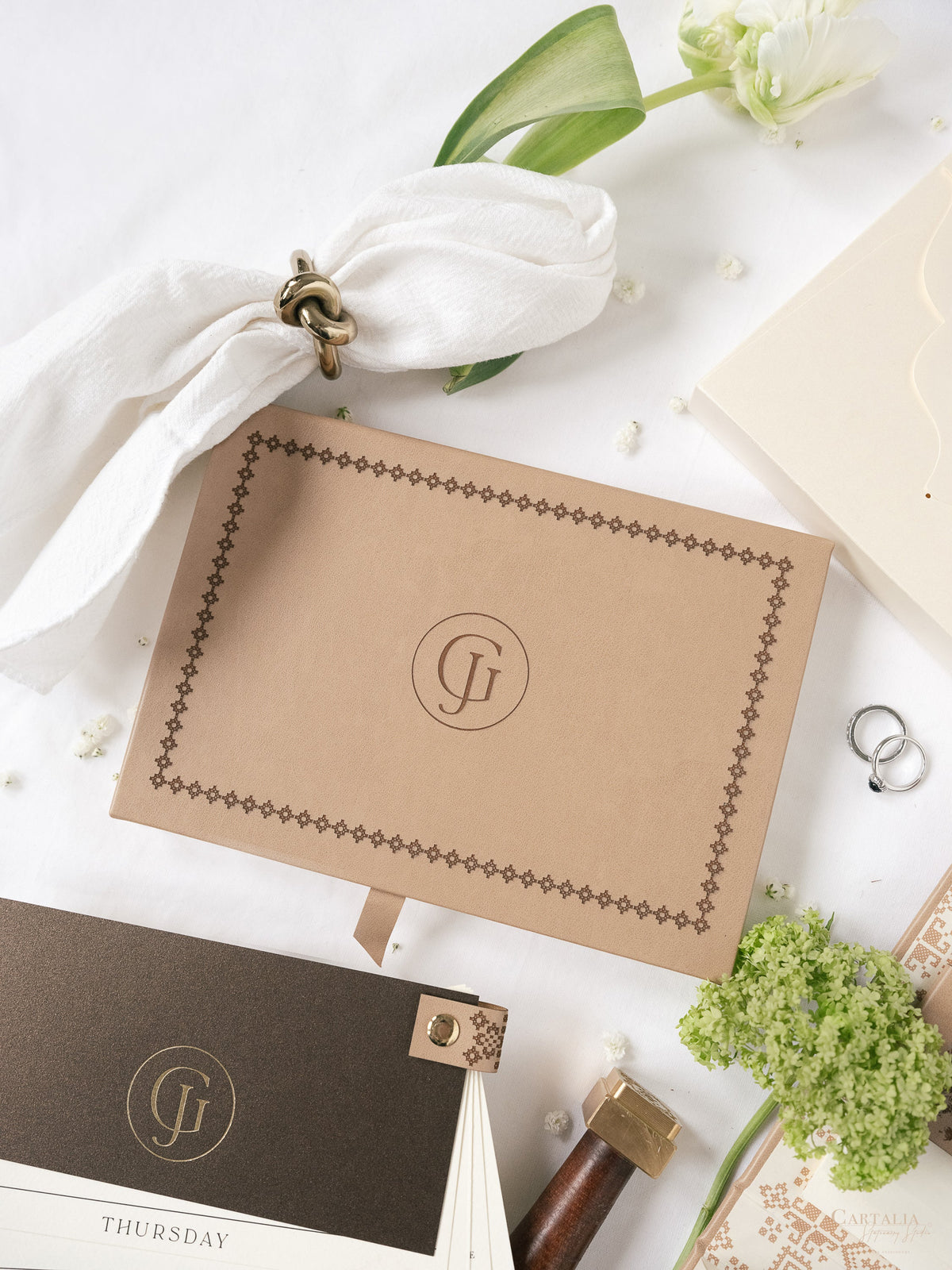 Premium Vegan Leather Hard Book Boxed Invitation Suite | Bespoke Commission J&G