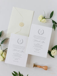 Triple intemporel Triple en relief Cadre de mariage moderne Invitation avec un sceau de cire