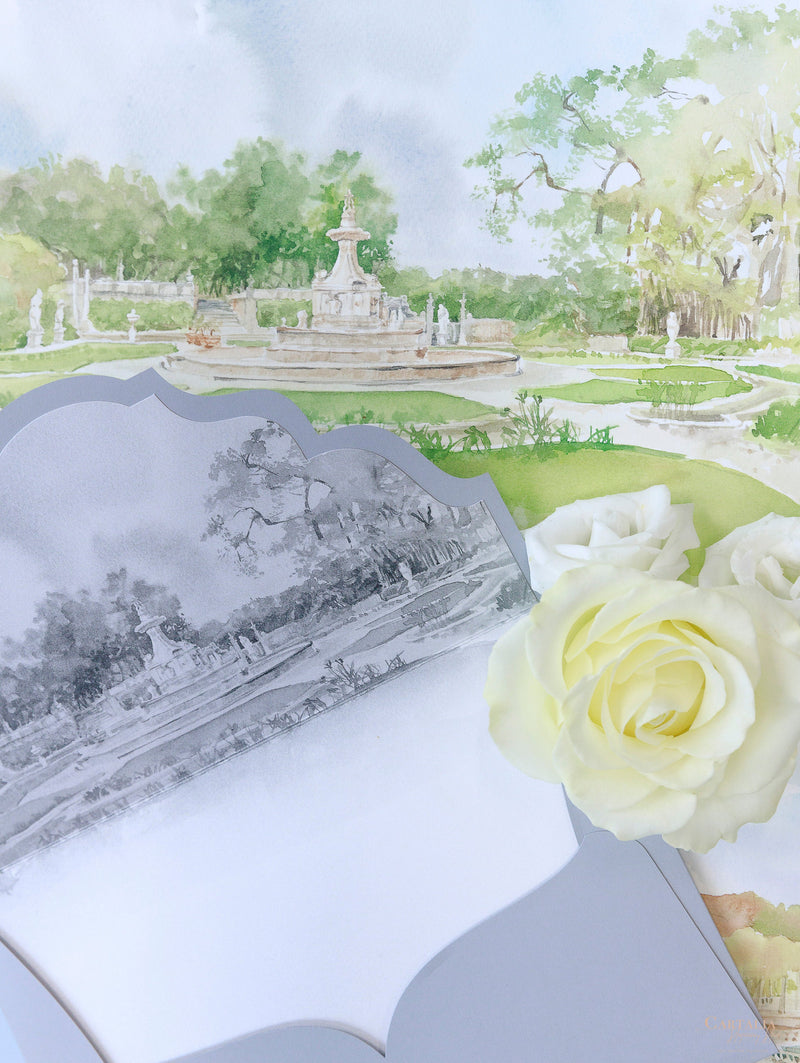 Museo e giardini di Vizcaya | SEDE | Cartella tipografica di lusso Tasca per invito Suite Nastro legato | CAMPIONE