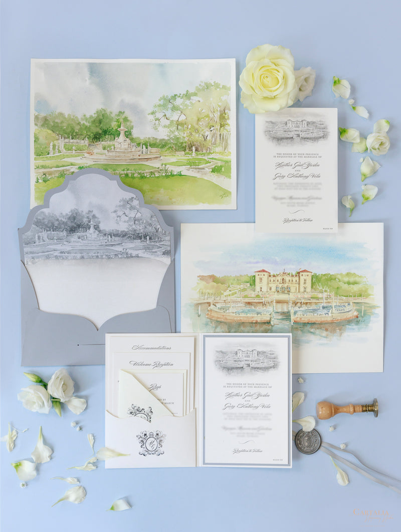 Museo e giardini di Vizcaya | SEDE | Cartella tipografica di lusso Tasca per invito Suite Nastro legato | CAMPIONE