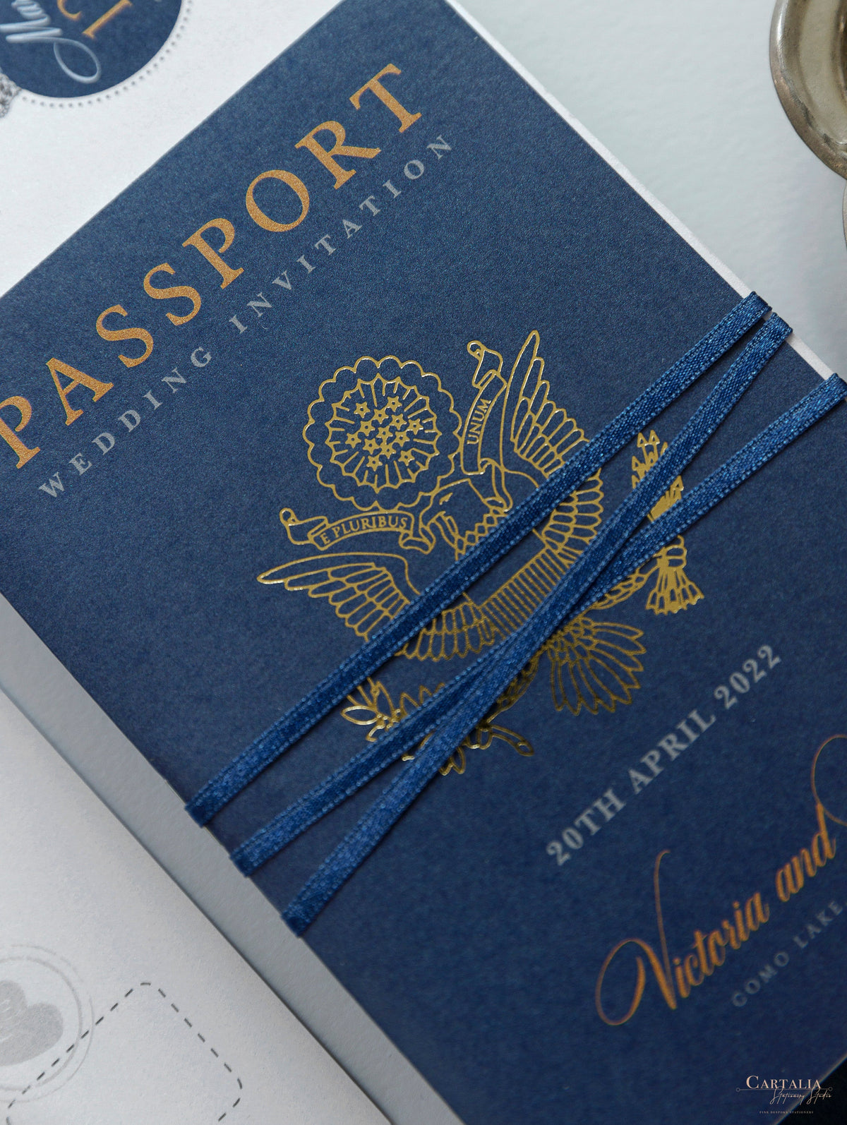 USA / American Passport Navy Wedding Invitation with Sinkmering Foil + Boarding Pass Style RSVP