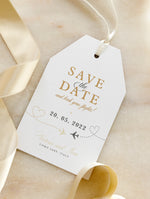 Champagne and Gold Passport Luggage Tag Save the Date Card Travel Destination Wedding