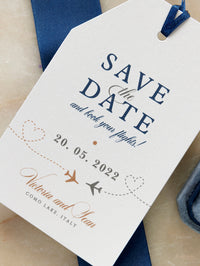 Etiqueta de equipaje de pasaporte azul marino, tarjeta para guardar la fecha, destino de viaje, boda
