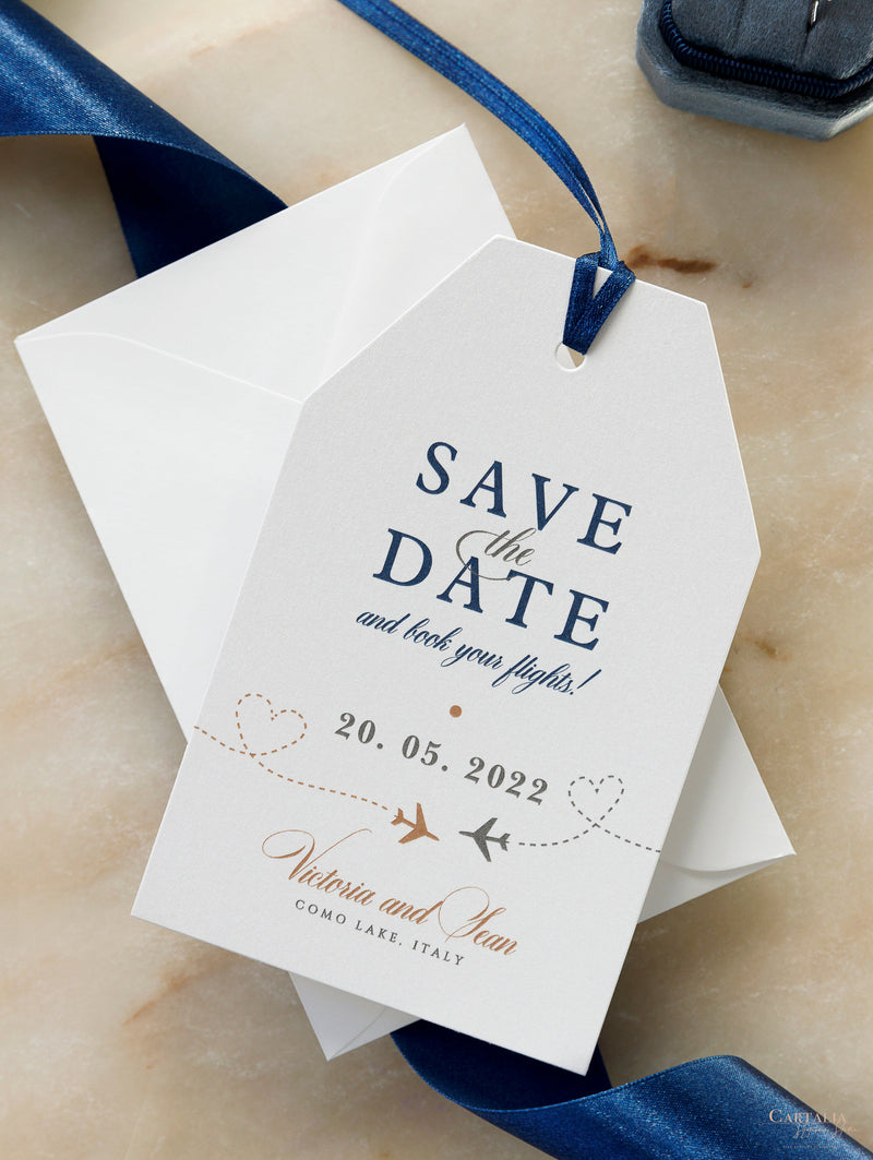 Navy Passport Luggage Tag Save the Date Card Travel Destination Wedding