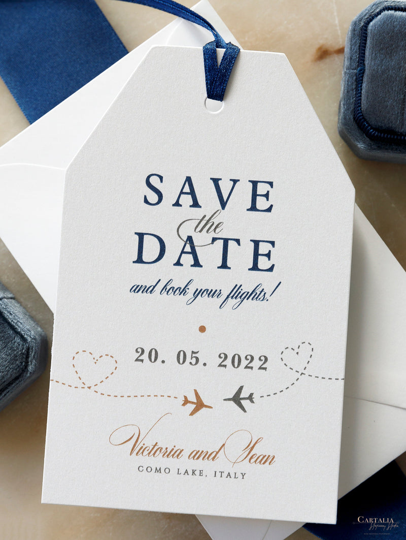 Navy Passport Luggage Tag Save the Date Card Travel Destination Wedding