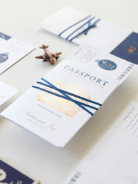 Suite di lusso con passaporto in lamina d'oro rosa e passaporto blu scuro e carta d'imbarco