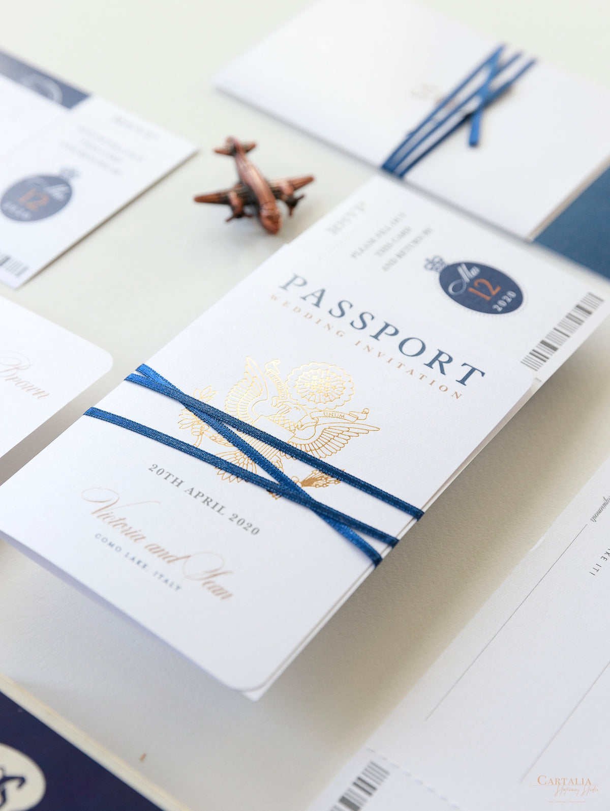 Suite di lusso con passaporto in lamina d'oro rosa e passaporto blu scuro e carta d'imbarco
