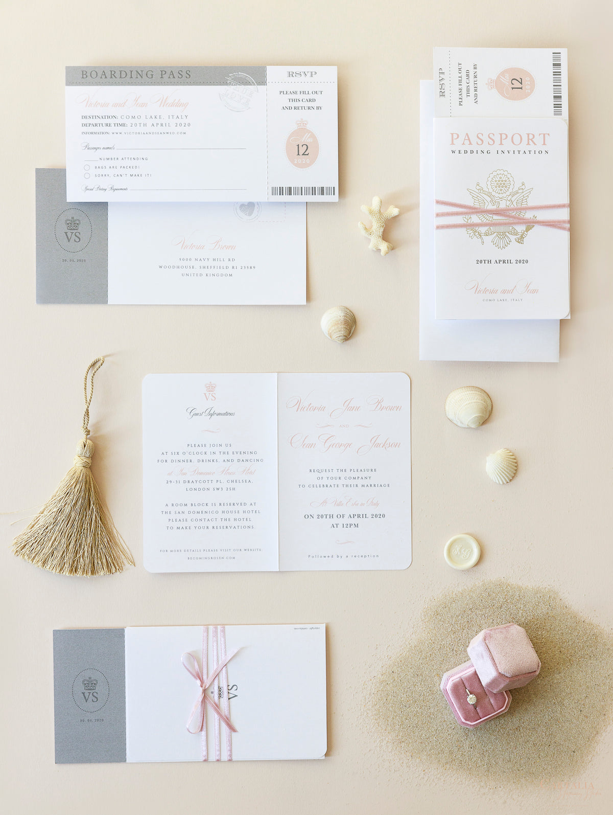 Passport Wedding Invitation in Blush with Silver Foil Boarding Pass Invite suite