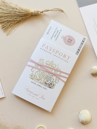 Invitation de mariage au passeport en fard à joues avec une carte d'embarquement en aluminium en argent Invite Suite