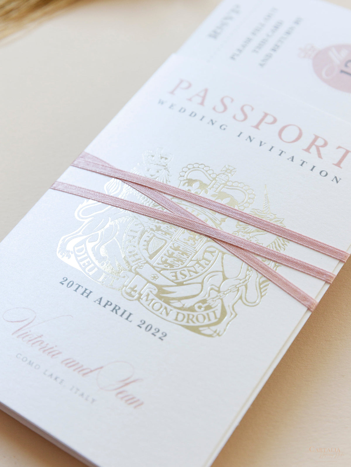 Invitation de mariage au passeport en fard à joues avec une carte d'embarquement en aluminium en argent Invite Suite