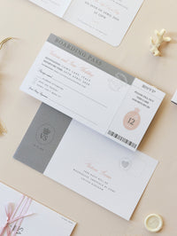 Passport Wedding Invitation in Blush with Silver Foil Boarding Pass Invite suite