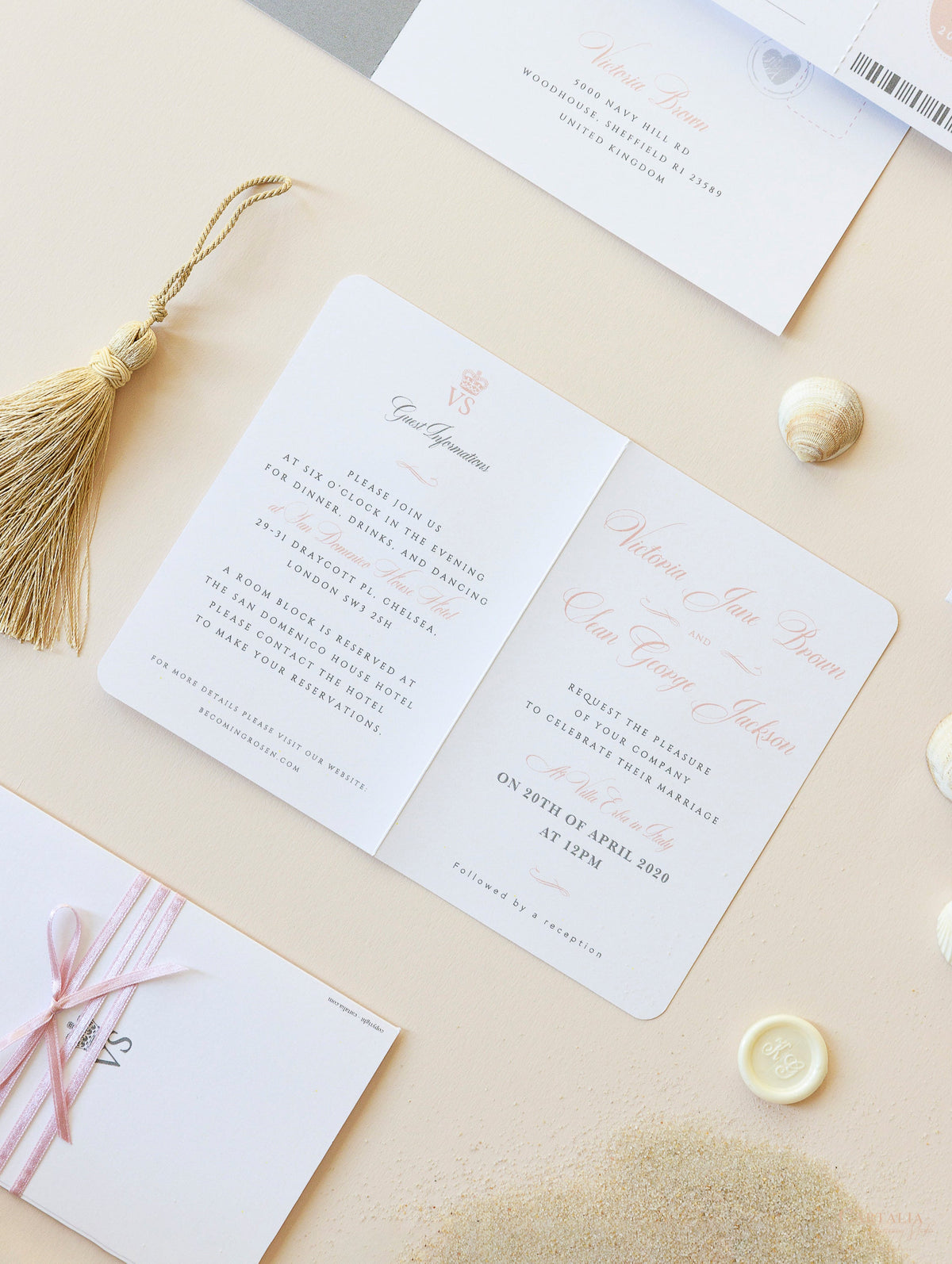 Passport Wedding Invitation in Blush with Silver Foil Boarding Pass Invite suite