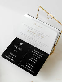 Invitation de mariage de passeport de luxe noir avec paillettes d'arc et d'or, vraie feuille