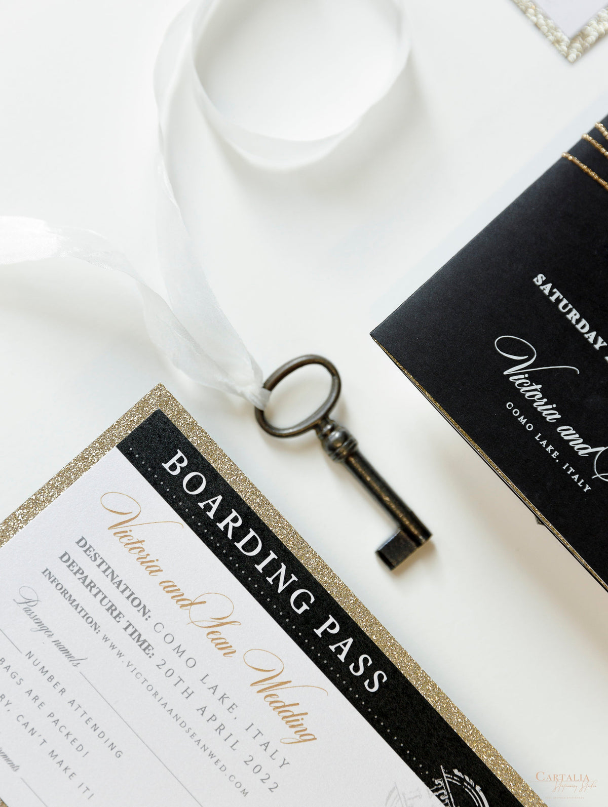 Black Luxury  Passport Wedding Invitation with Bow & Gold Glitter, Real Foil