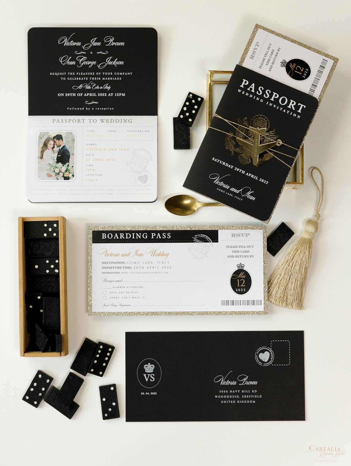 Black Luxury  Passport Wedding Invitation with Bow & Gold Glitter, Real Foil