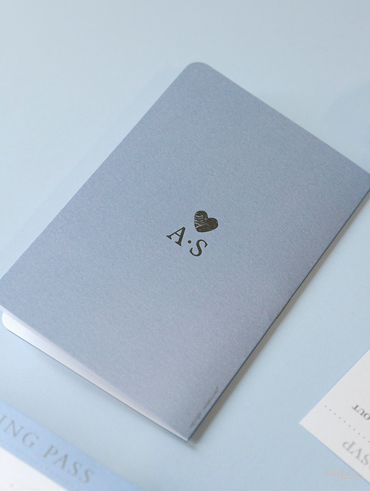 Dusty Blue & Gold Wedding Passport Invite Folder: Luxury Wallet & Tag Passport Invitation