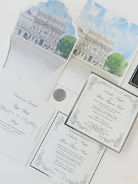Dossier carré en papier d'aluminium avec enveloppe de bord pande avec poche de lieu avec une suite de mariage monogramme en papier d'aluminium