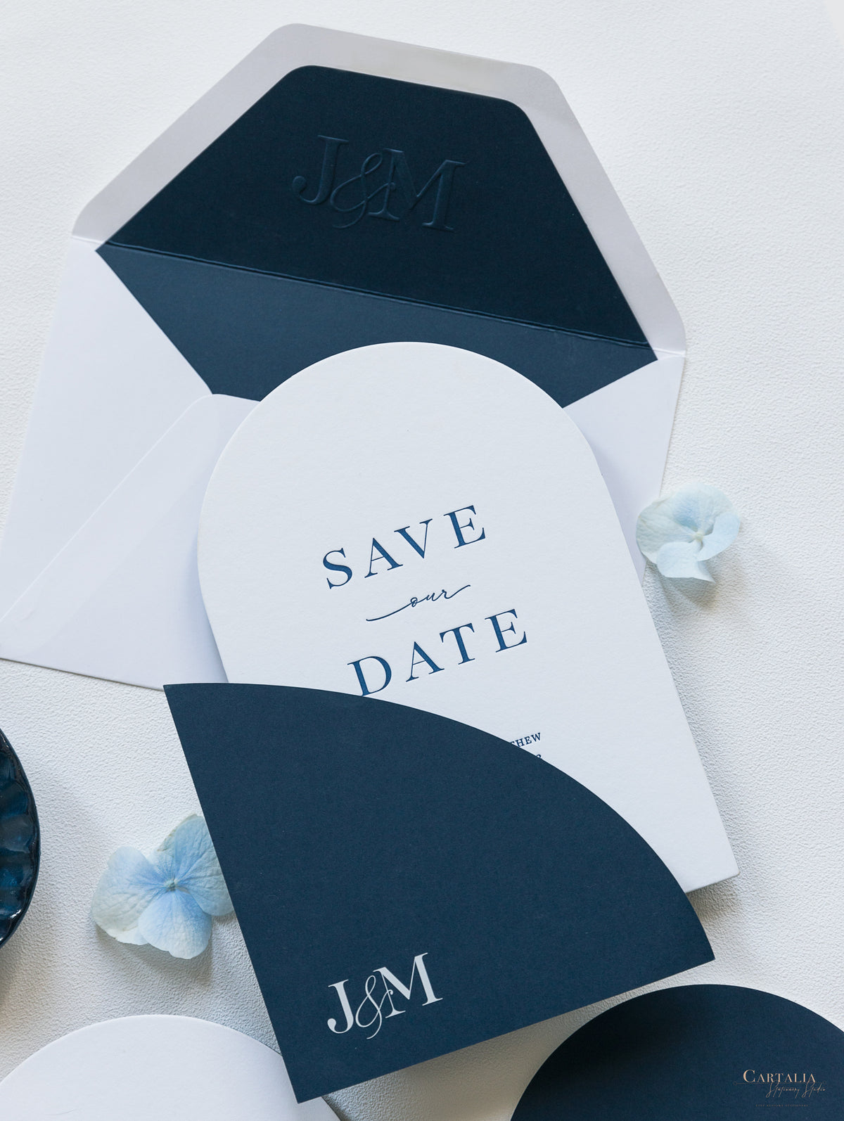 Arch Style Deluxe Navy & White Save the Dates | Bespoke Commission J&M