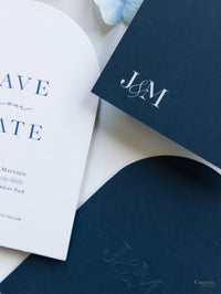 Arch Style Deluxe Navy & White Save the Dates | Bespoke Commission J&M