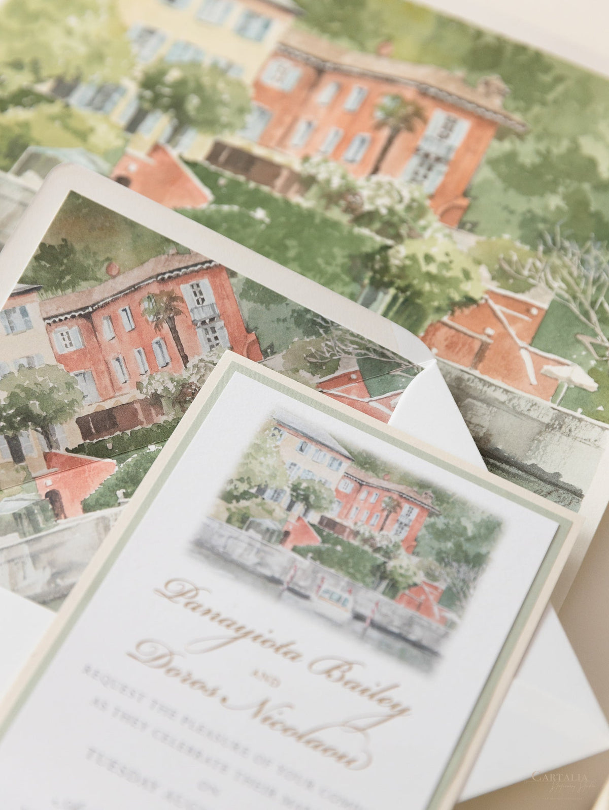 Invitation de lieu de mariage aquarelle personnalisée avec feuille d'or | Villa Regina Teodolinda | Lac Como