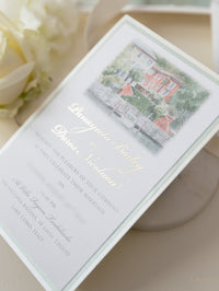 Invito personalizzato per la location del matrimonio in acquerello con lamina d'oro | Villa Regina Teodolinda | Lago di Como
