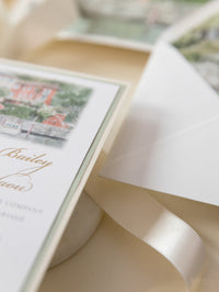 Invitation de lieu de mariage aquarelle personnalisée avec feuille d'or | Villa Regina Teodolinda | Lac Como