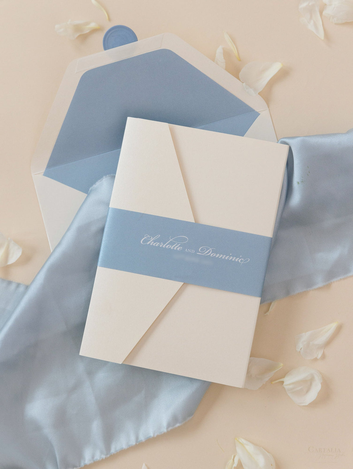 Custom Wedding Venue Illustration |  Foiled Venue Invitation Pocket Suite with Dusty Blue & Gold Foil Touches