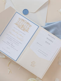 Custom Wedding Venue Illustration |  Foiled Venue Invitation Pocket Suite with Dusty Blue & Gold Foil Touches