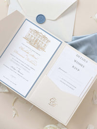 Illustration de lieu de mariage personnalisé | Salle de poche d'invitation de lieu en déjoues avec touches en feuille bleu poussiéreuse et or