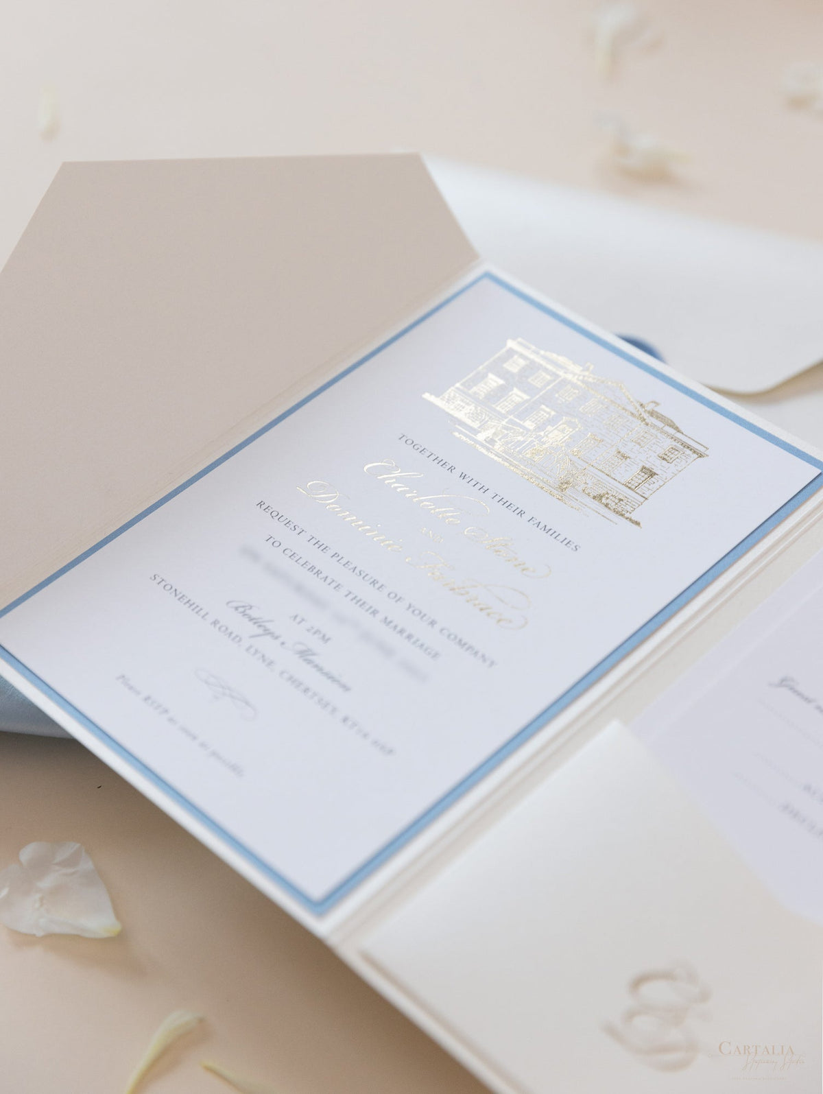 Illustration de lieu de mariage personnalisé | Salle de poche d'invitation de lieu en déjoues avec touches en feuille bleu poussiéreuse et or