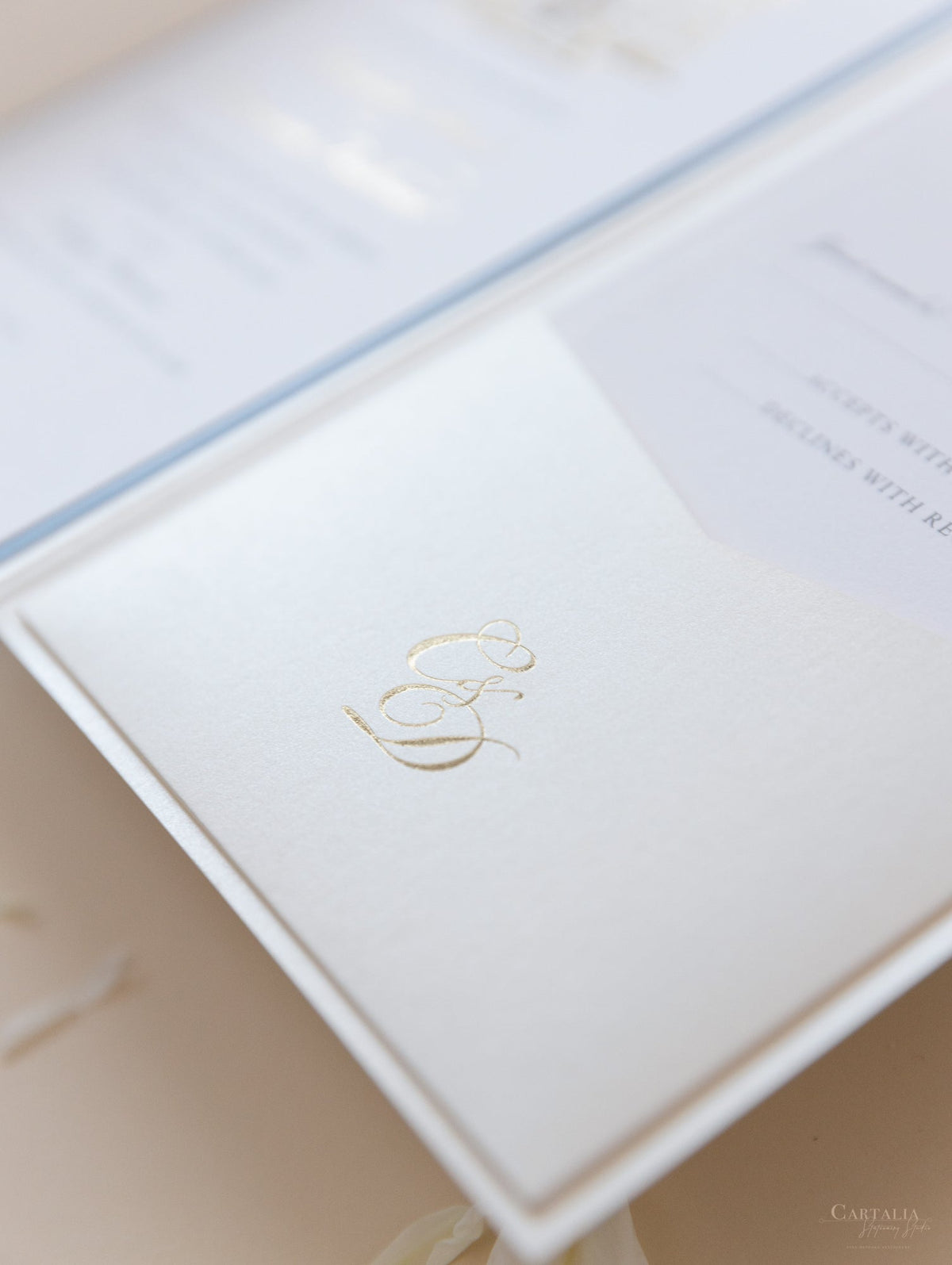 Custom Wedding Venue Illustration |  Foiled Venue Invitation Pocket Suite with Dusty Blue & Gold Foil Touches