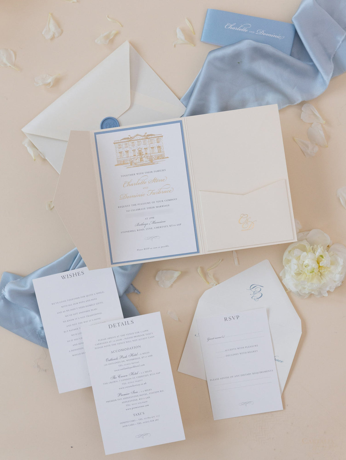 Custom Wedding Venue Illustration |  Foiled Venue Invitation Pocket Suite with Dusty Blue & Gold Foil Touches