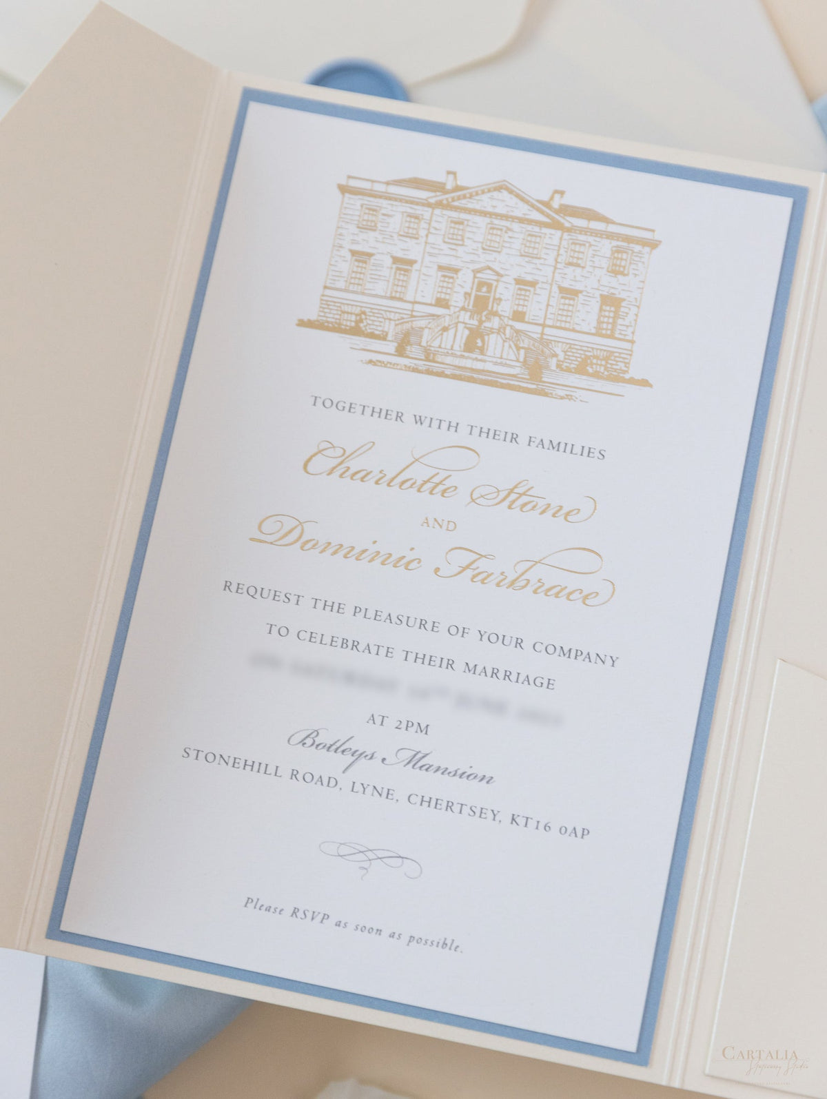 Custom Wedding Venue Illustration |  Foiled Venue Invitation Pocket Suite with Dusty Blue & Gold Foil Touches