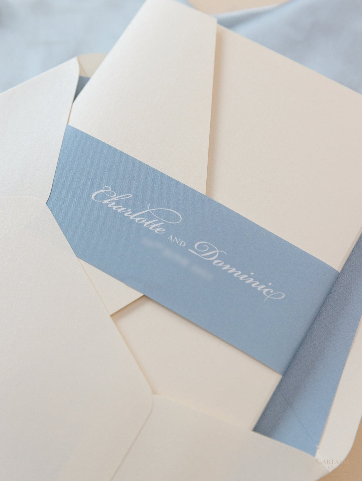 Custom Wedding Venue Illustration |  Foiled Venue Invitation Pocket Suite with Dusty Blue & Gold Foil Touches