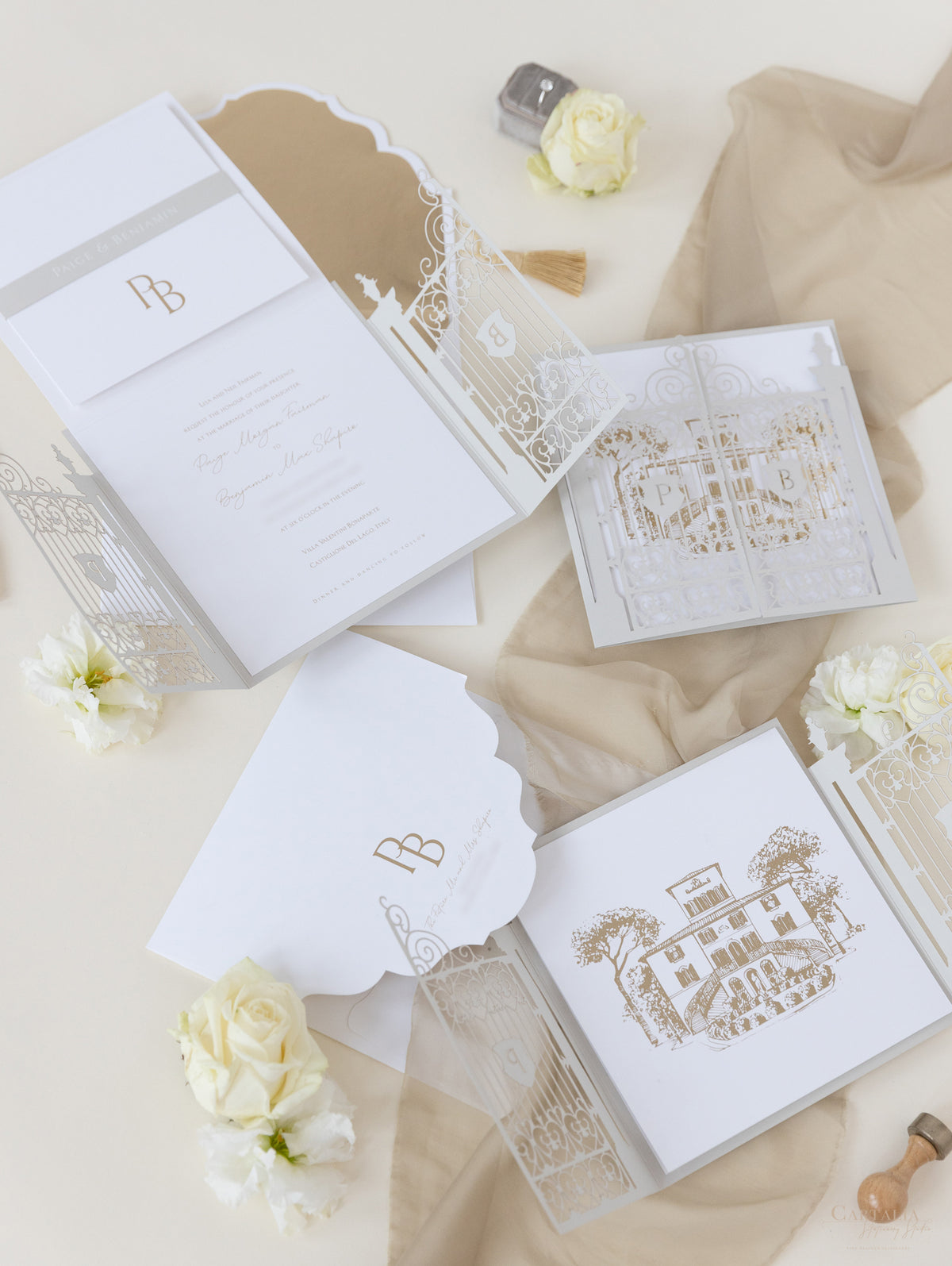 Villa Valentini Bonaparte | Invitation de mariage de lieu d'ornement de la porte d'ornement | Commission sur mesure P&B