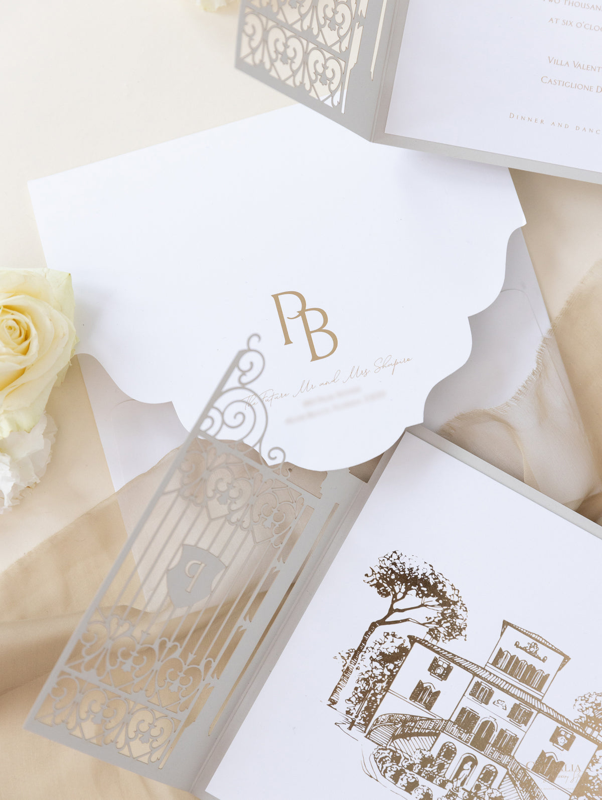 Villa Valentini Bonaparte | Ornamental Gate Foiled Venue Wedding Invitation | Bespoke Commission P&B